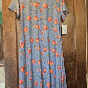 LuLaRoe Blue Midi Dress with Orange Rose Print